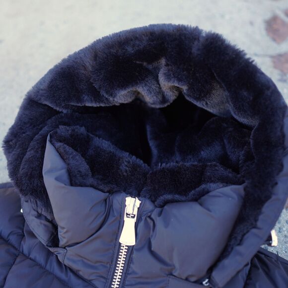 Calvin Klein Black Puffer Coat Women's L Faux Fur Hood Water Resistant - Picture 3 of 12